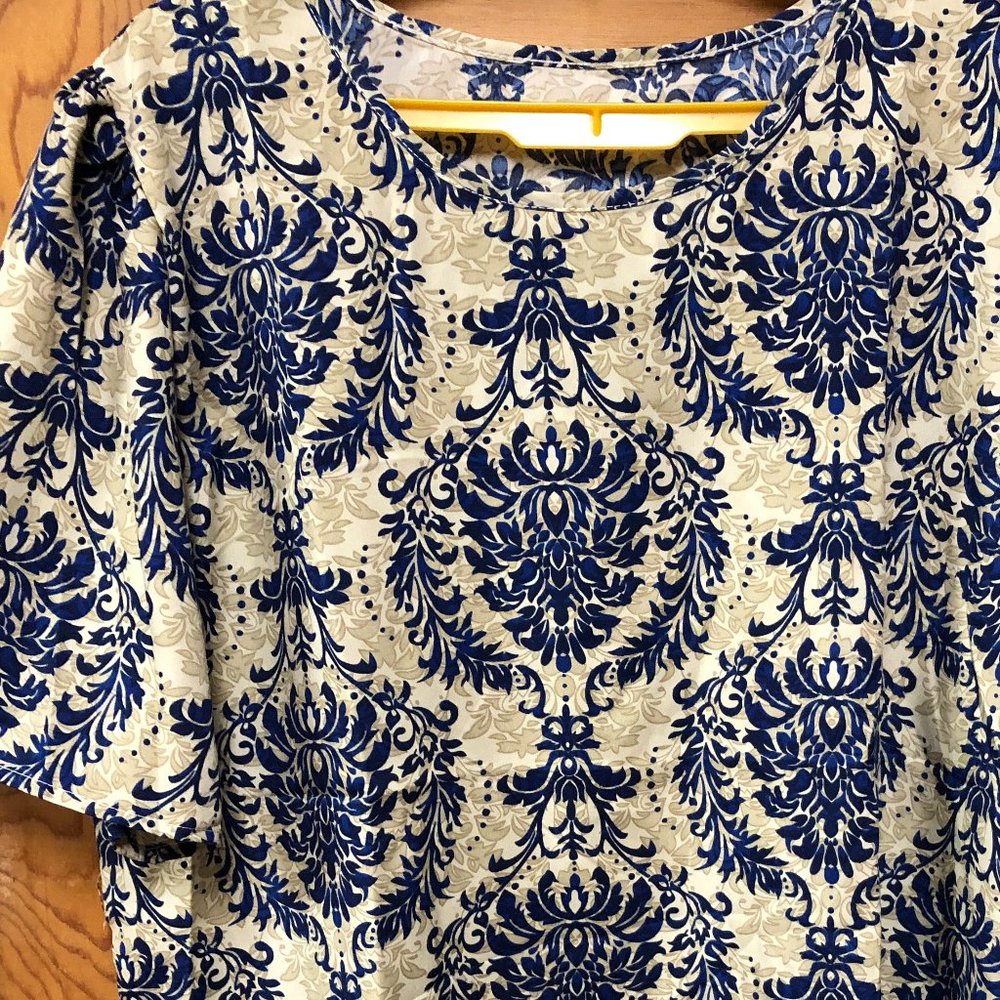 Floral Print Blouse, Vintage Crew Neck Short Sleeve Blouse,